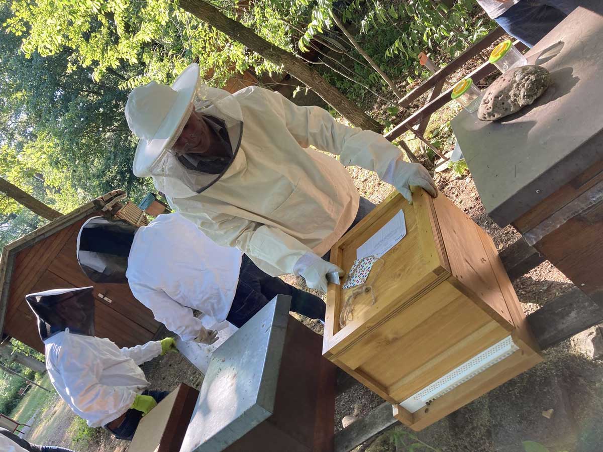 Praxiskurs Bienenzucht (Foto: U. Nell) Angehende Imker stehen an Bienenbeuten (Foto: U. Nell)